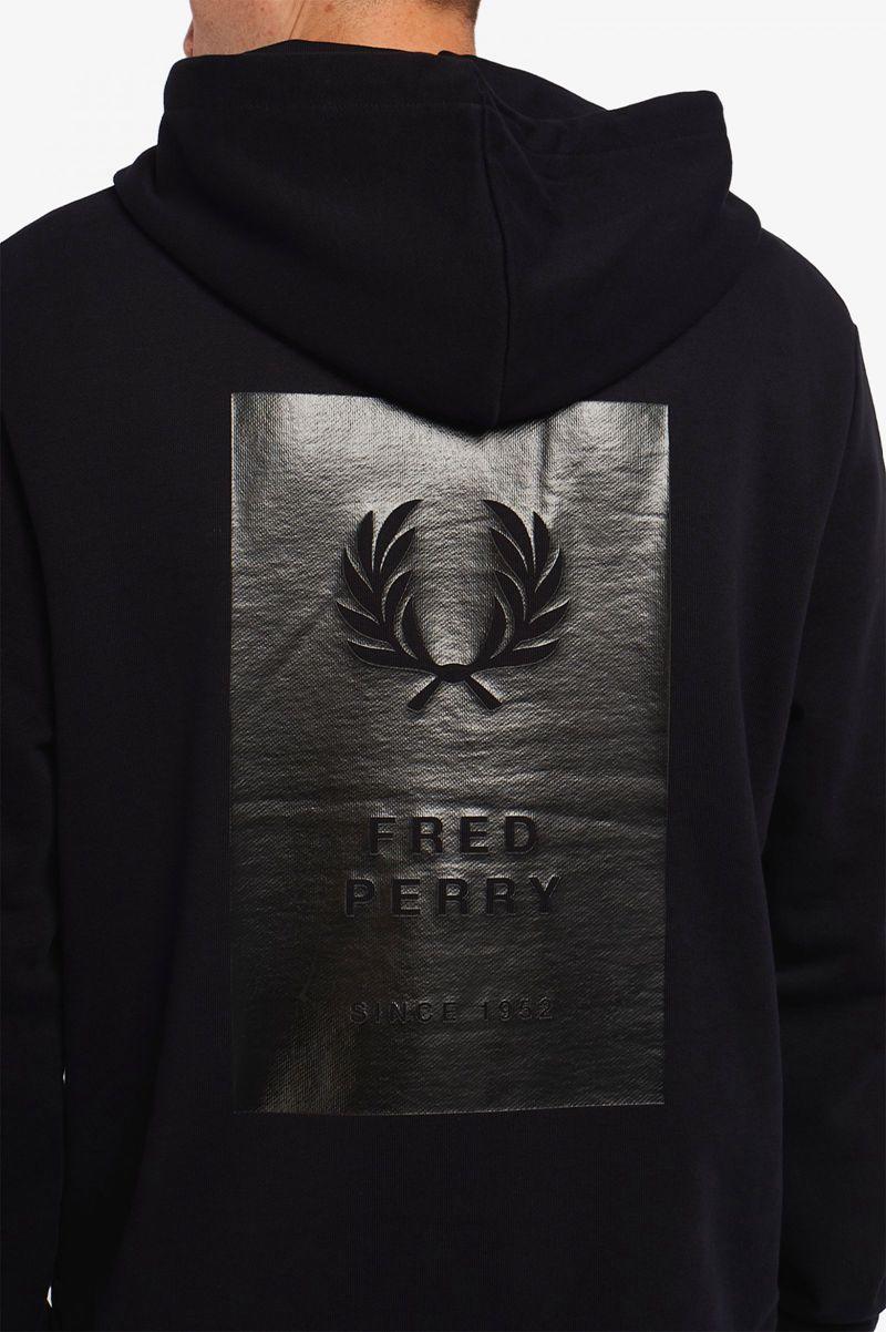 Black Fred Perry Printed Patch Hooded Sweatshrt Men's Sweatshirts | PH 1599EBCX